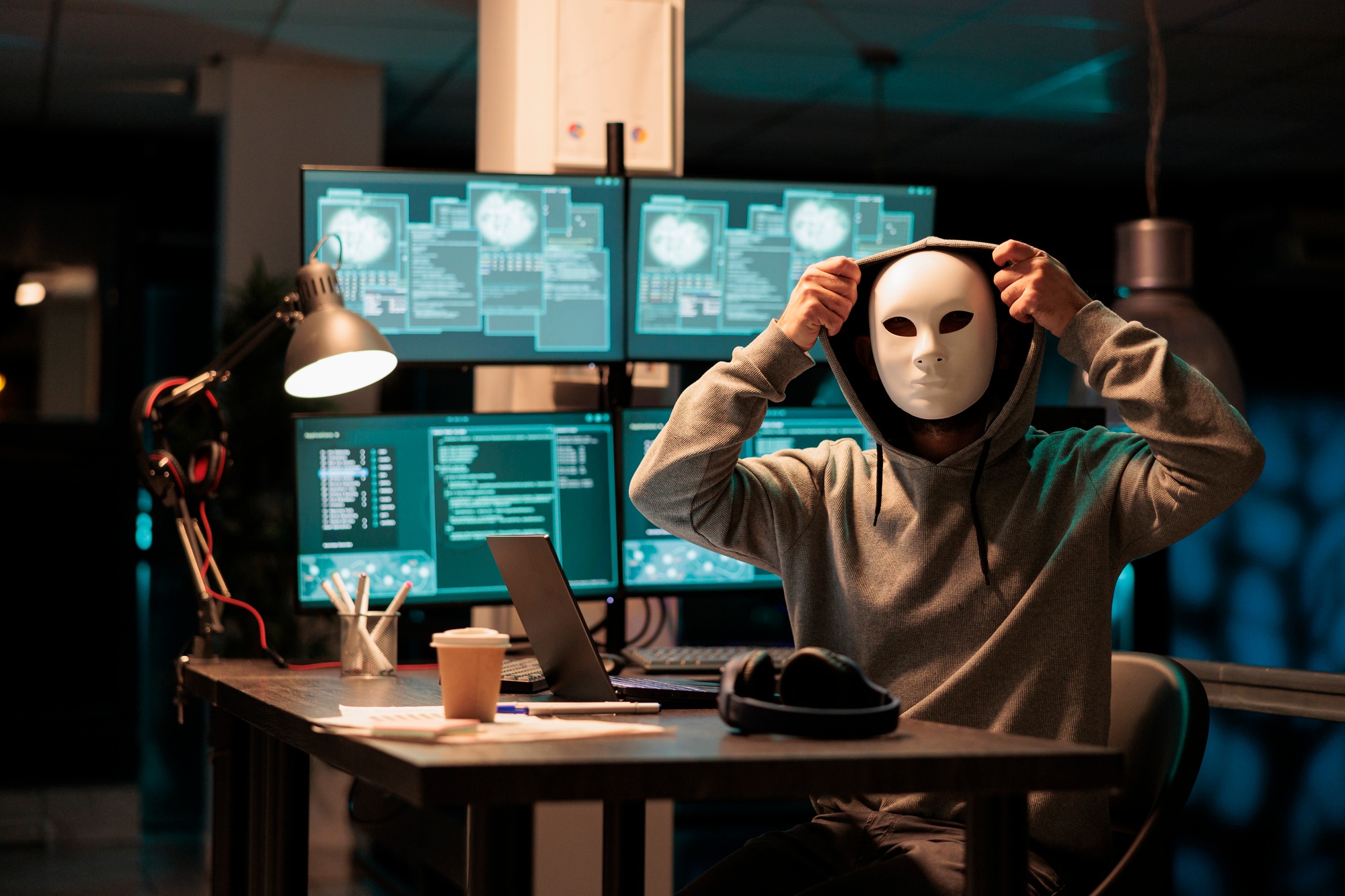 Scary masked hacker installing virus to hack system